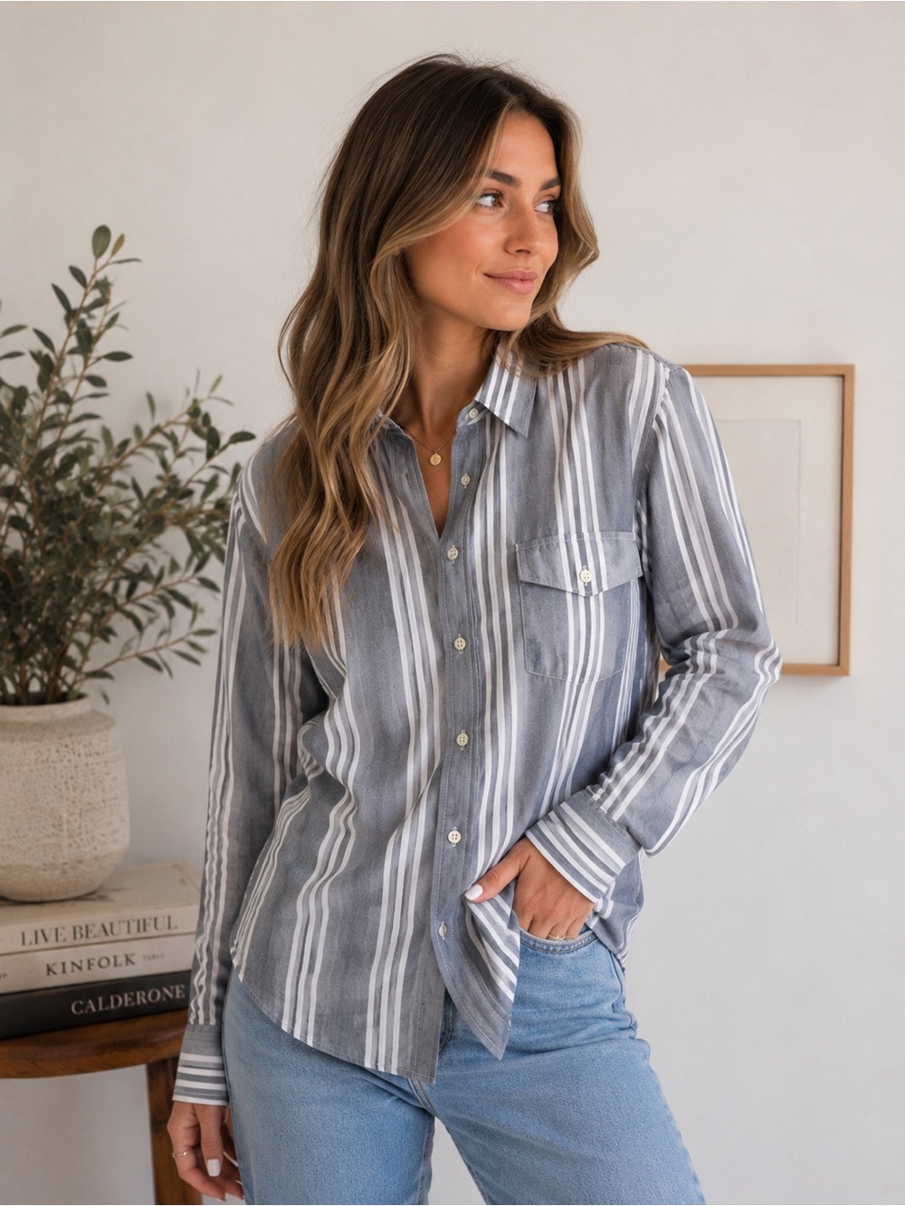 Lanvin Gray and White Vertical Stripe Cotton Button-Down Shirt. 100% cotton